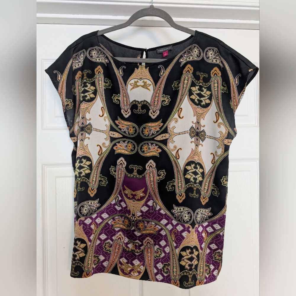 Vince Camuto Black and Purple Ornate Blouse